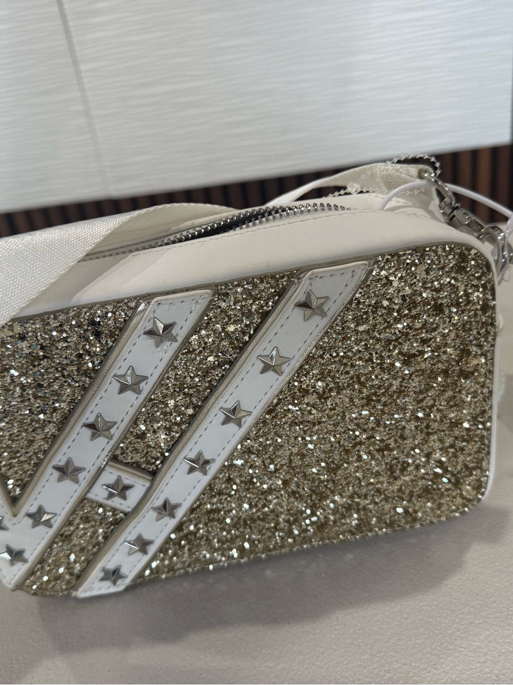 Glitter Star-Trim White & Gold Crossbody Bag